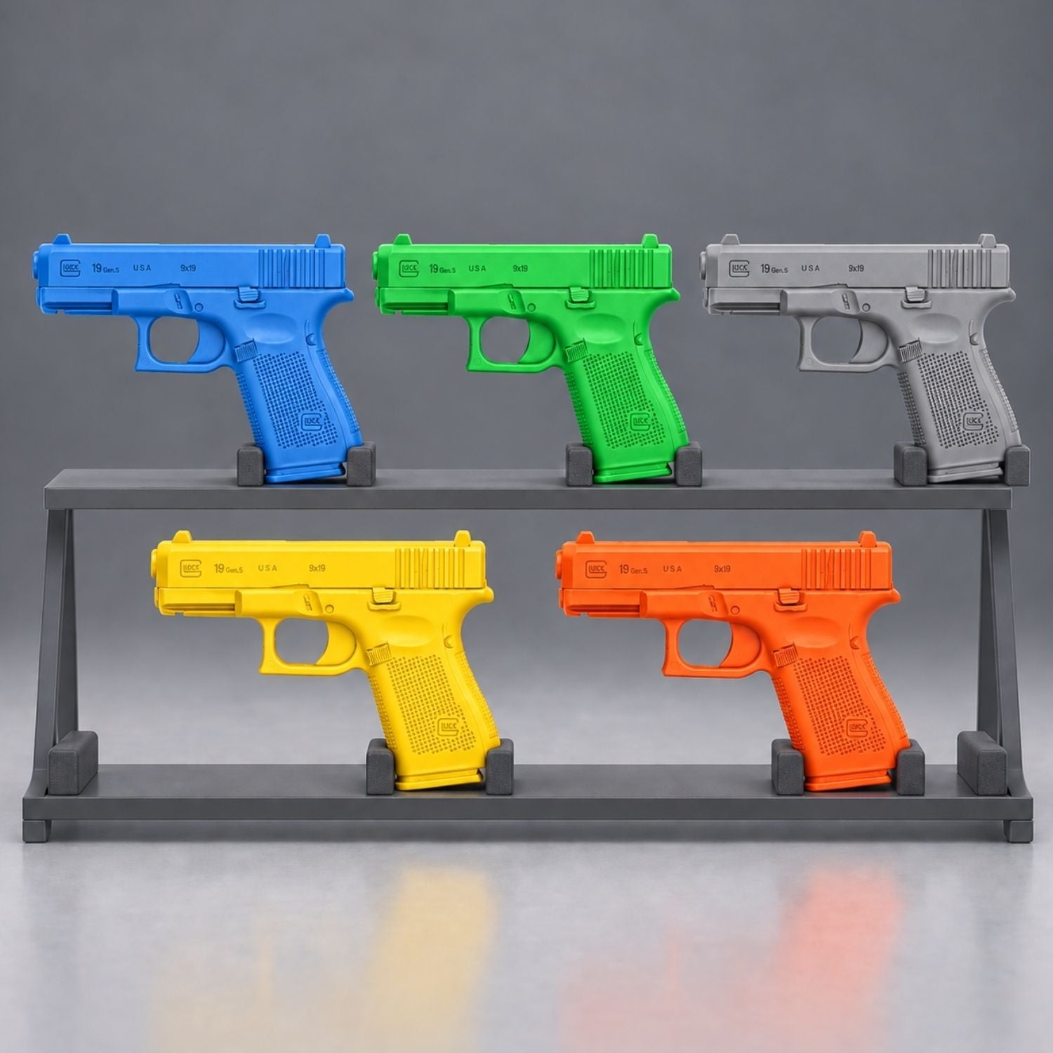 Ring's BlueGuns Glock 19/23/32 Gen 5 inert training replicas in blue, orange, yellow, gray and green