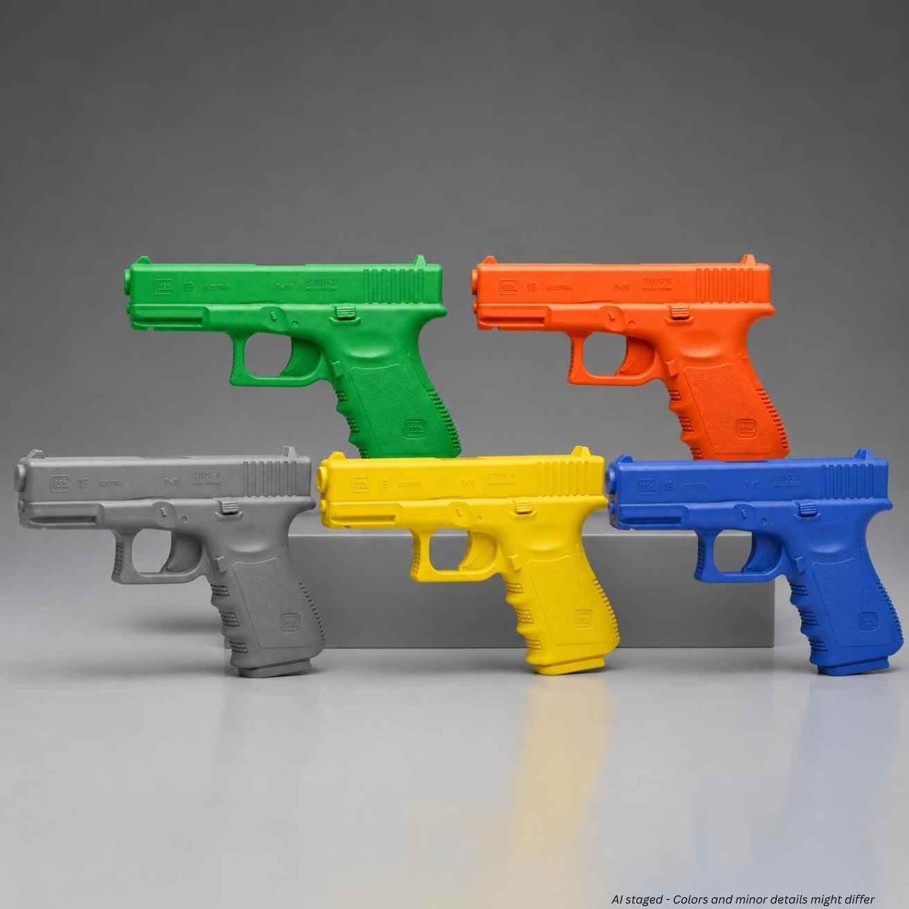 Rings BlueGuns Glock 19 23 32 Generation 3 training guns in gray, yellow, orange, green, and blue