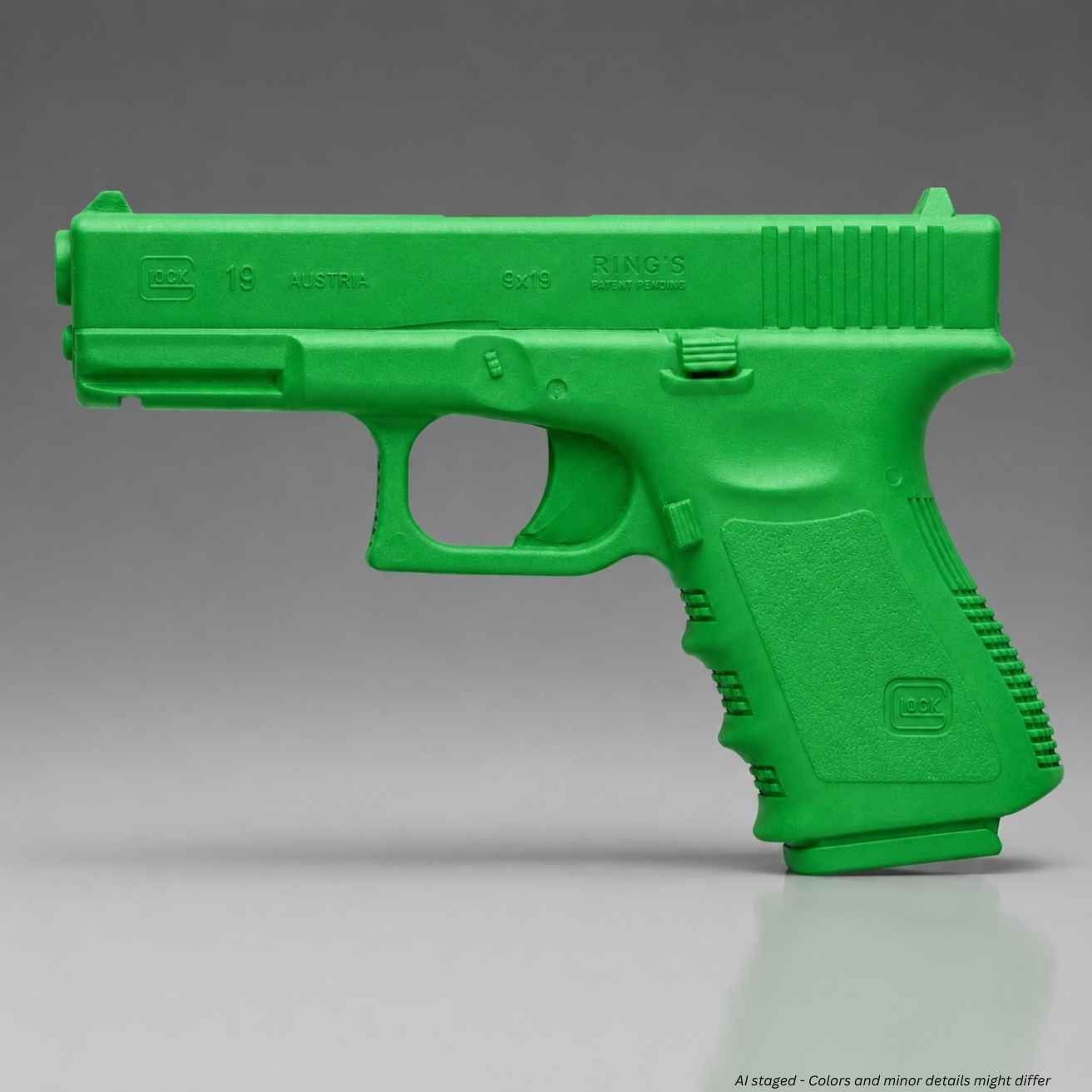 Rings BlueGuns Glock 19 23 32 Generation 3 training gun in green, side view