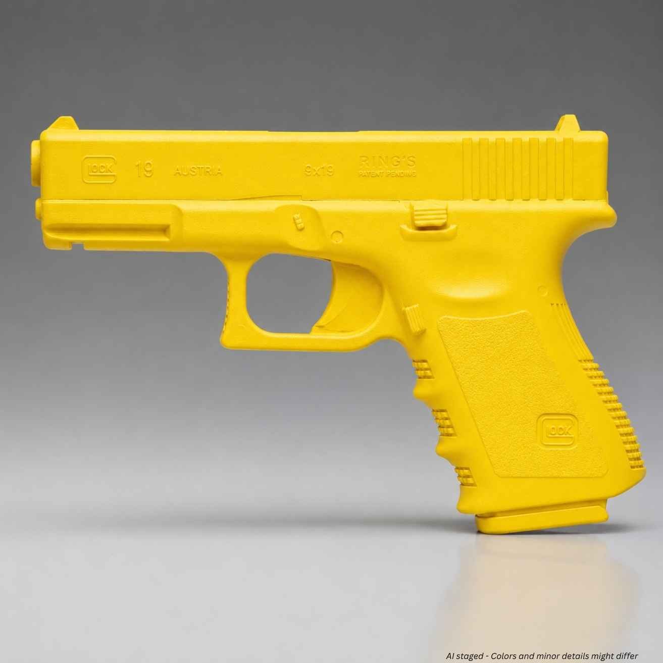 Rings BlueGuns Glock 19 23 32 Generation 3 training gun in yellow, side view