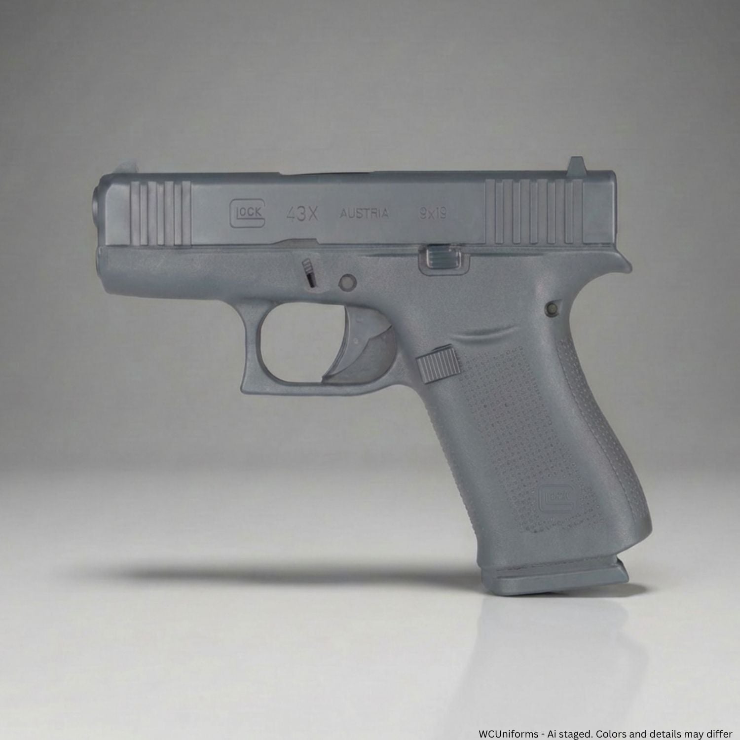 Gray training handgun on a gray background
