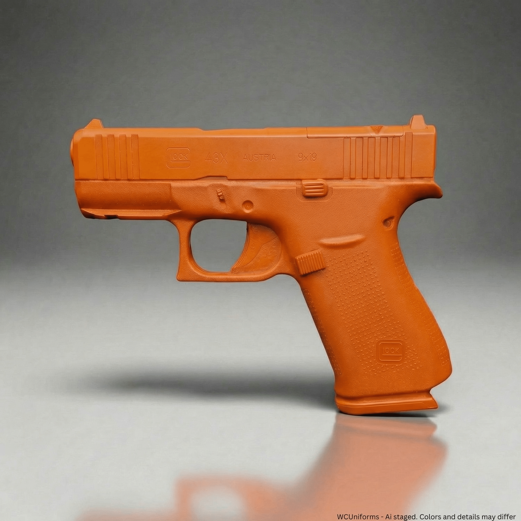 Orange training gun model on a gray background