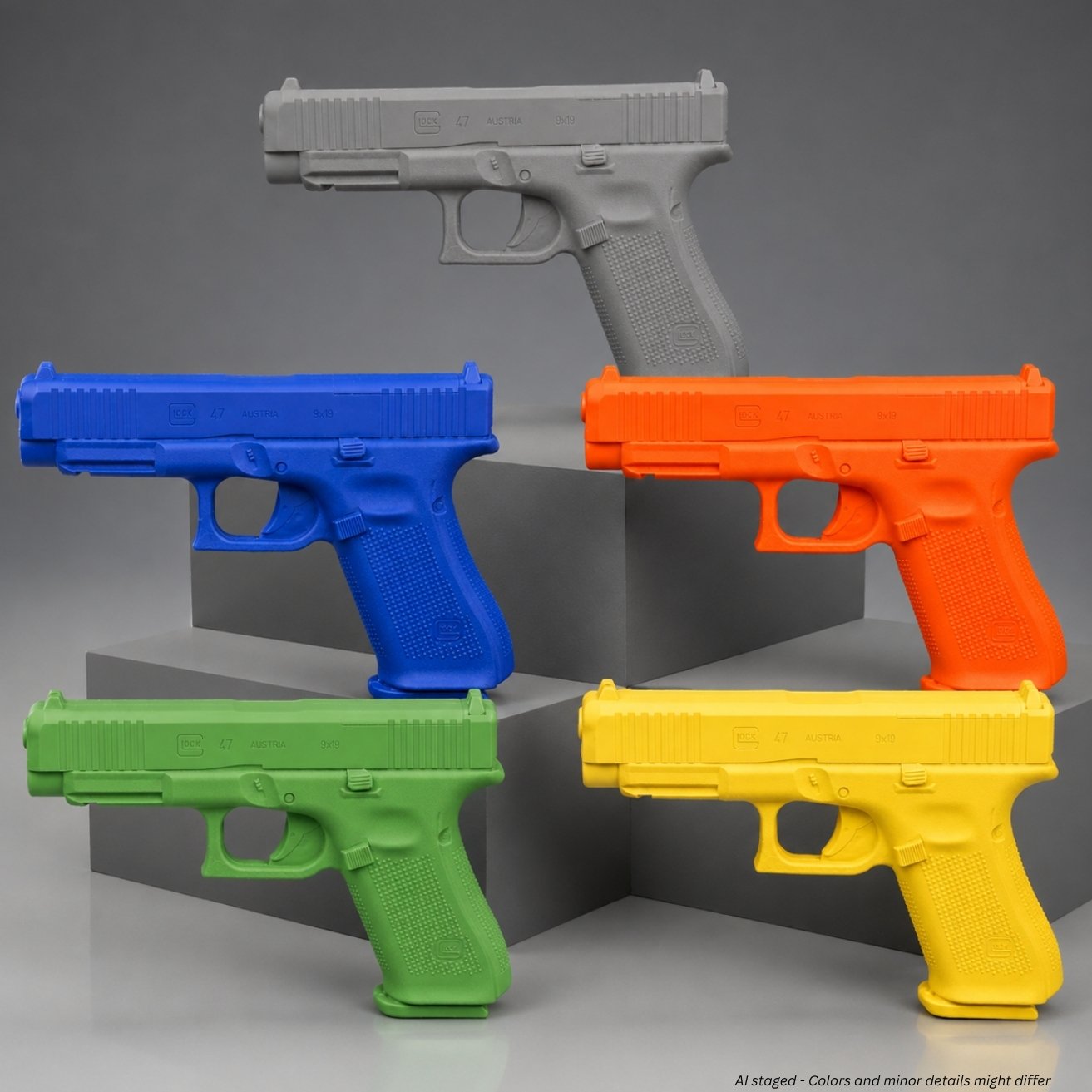 Ring's BlueGuns Glock 47 MOS firearm simulator in blue, yellow, orange, cool gray, and green