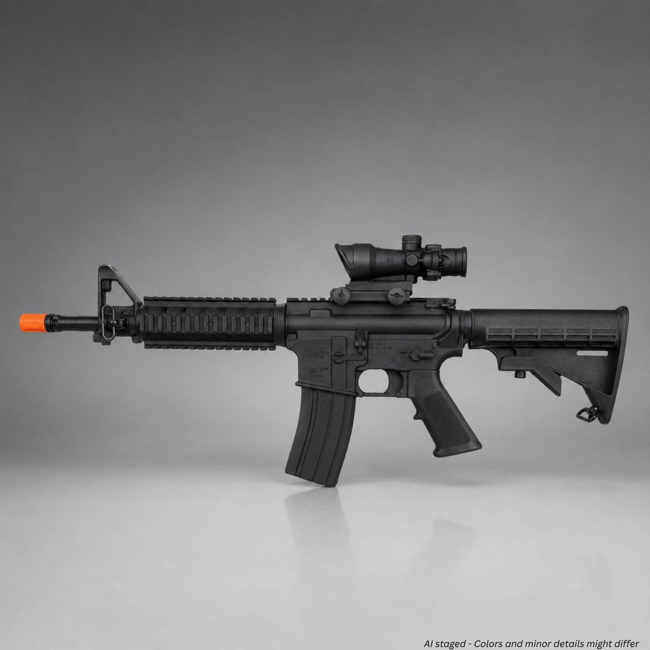 Rings BlueGuns M4 Commando ACOG training gun in black, side profile view