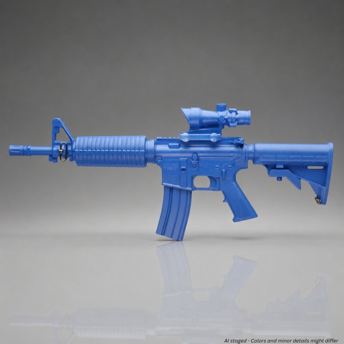 Rings BlueGuns M4 Commando ACOG training gun in law enforcement blue, side profile view