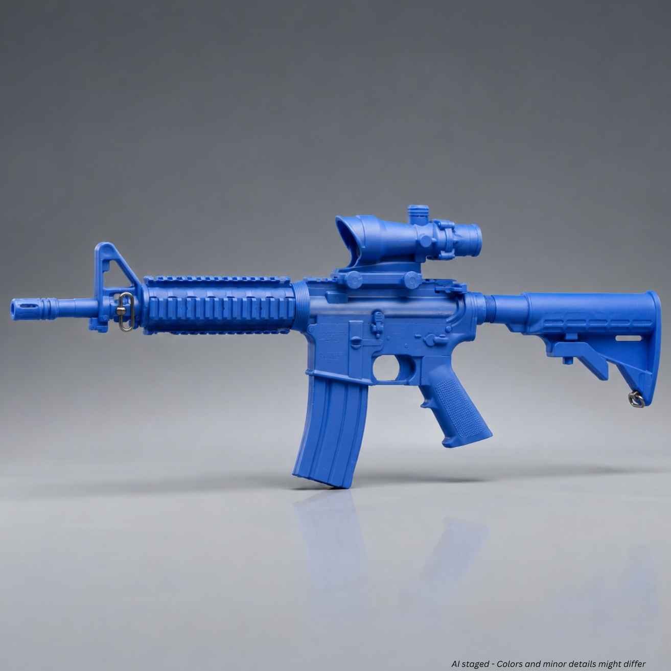 Ring's BlueGuns M4 Commando flat top training rifle with ACOG sight in blue