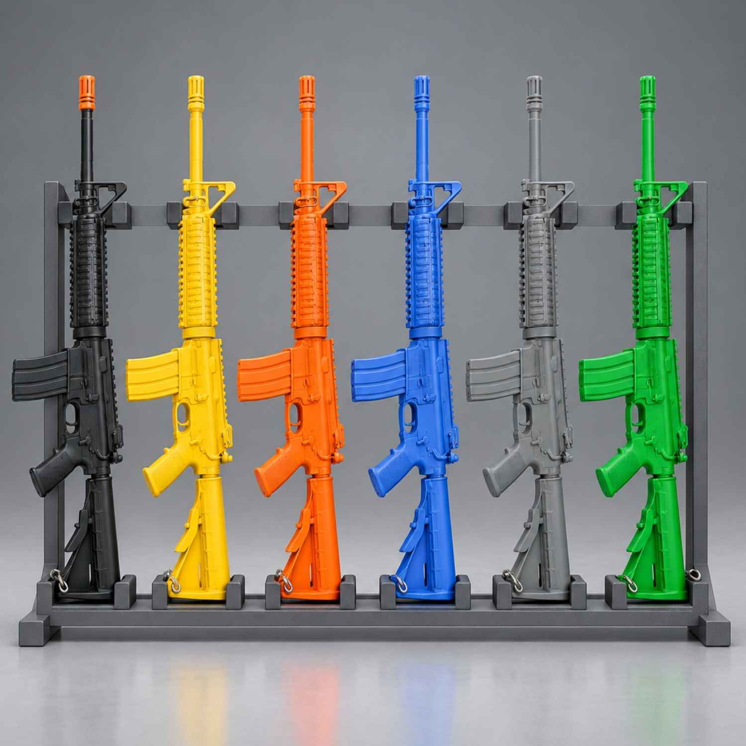 Ring's BlueGuns M4 FSM4FTRCS training rifles in black, yellow, orange, blue, gray and green on a rack; black has an orange tip.