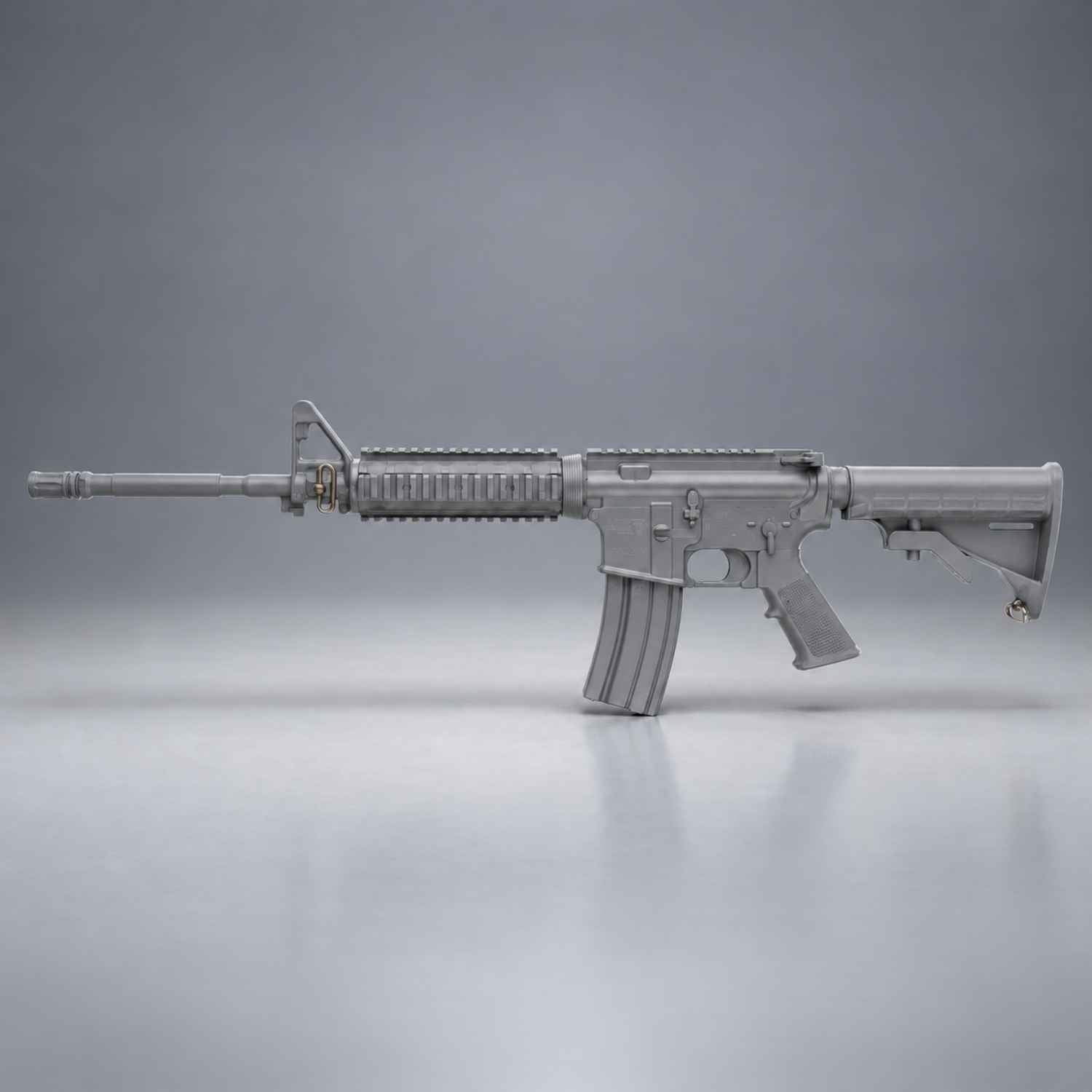 Gray Ring's BlueGuns M4 FSM4FTRCS training rifle with flat top, closed stock and forward rail, side view.