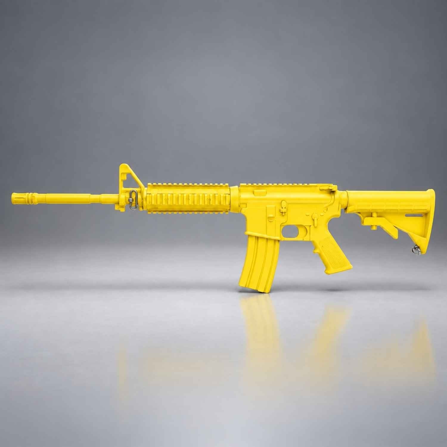 Yellow Ring's BlueGuns M4 FSM4FTRCS training rifle with flat top, closed stock and forward rail, side view.