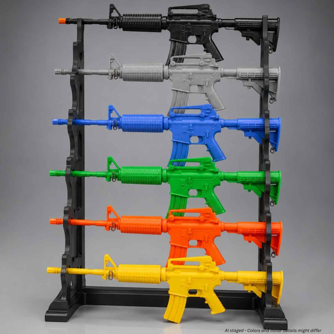 Ring's BlueGuns FSM4 M4 training rifles shown in all available colors, alternate group view