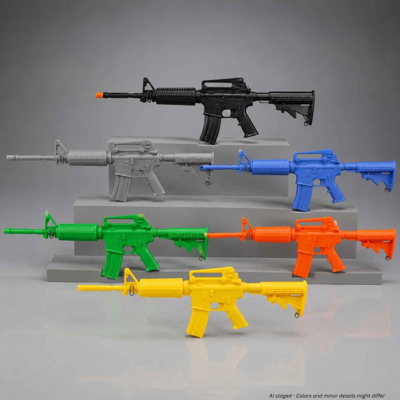 Ring's BlueGuns FSM4 M4 training rifles in blue, black, cool gray, green, orange, and yellow