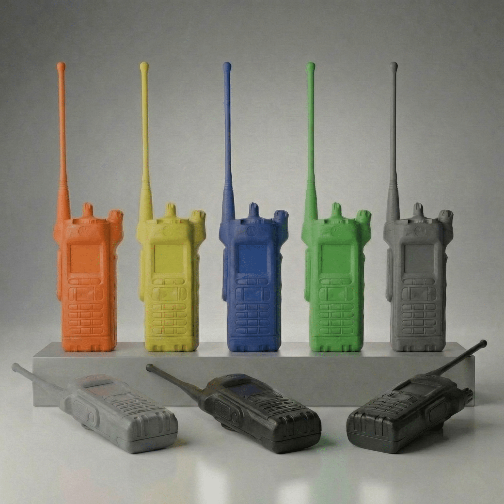 Colorful toy walkie-talkies on a gray background