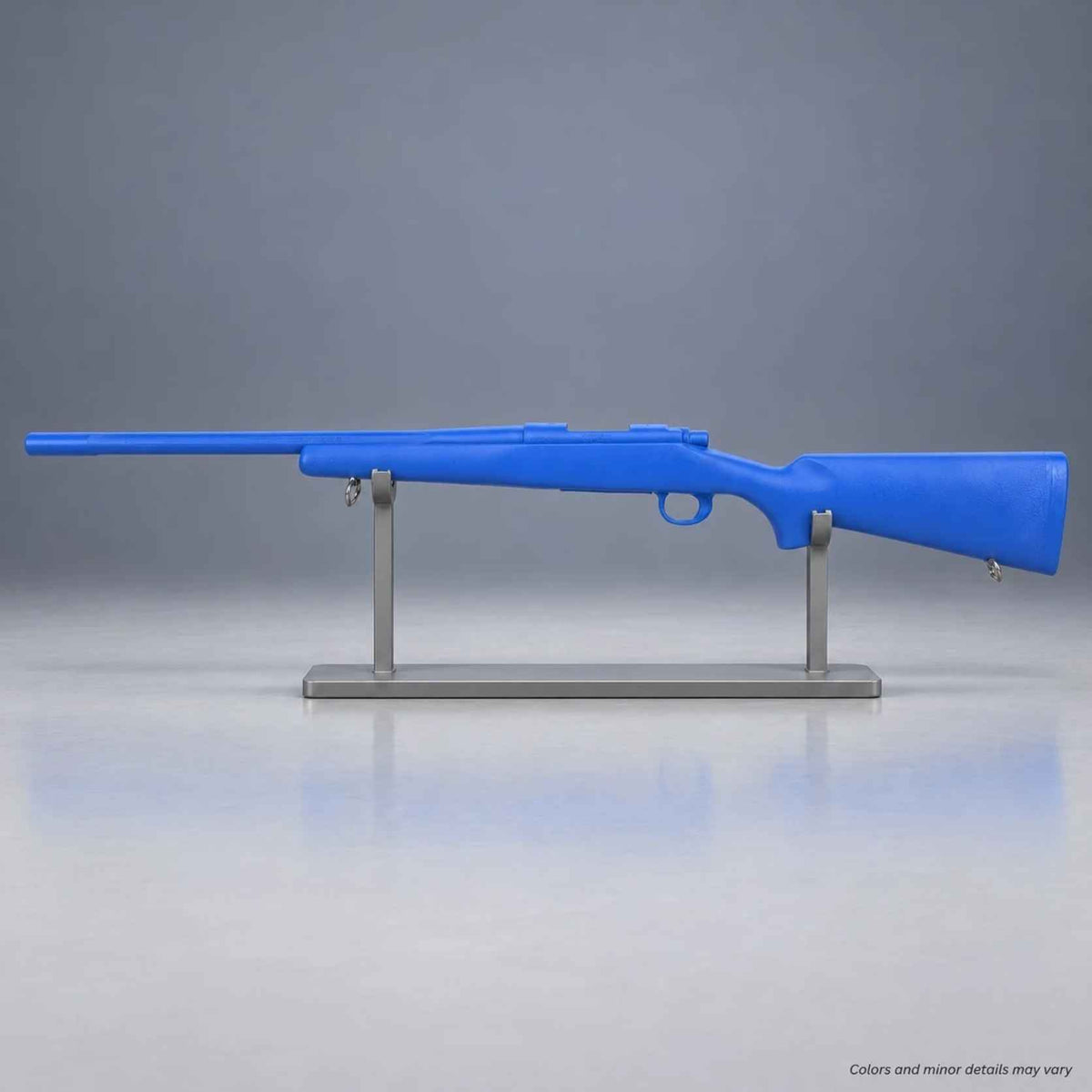 Ring's BlueGuns Remington 700 FS700 inert training rifle in Law Enforcement Blue on a display stand