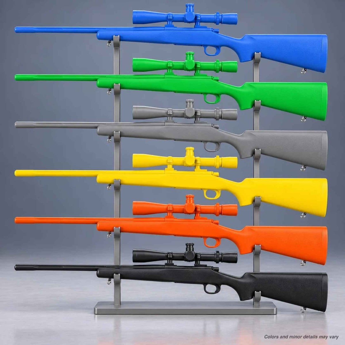 Ring's BlueGuns Remington 700 with Leupold scope training rifles in all six colors on a tiered rack