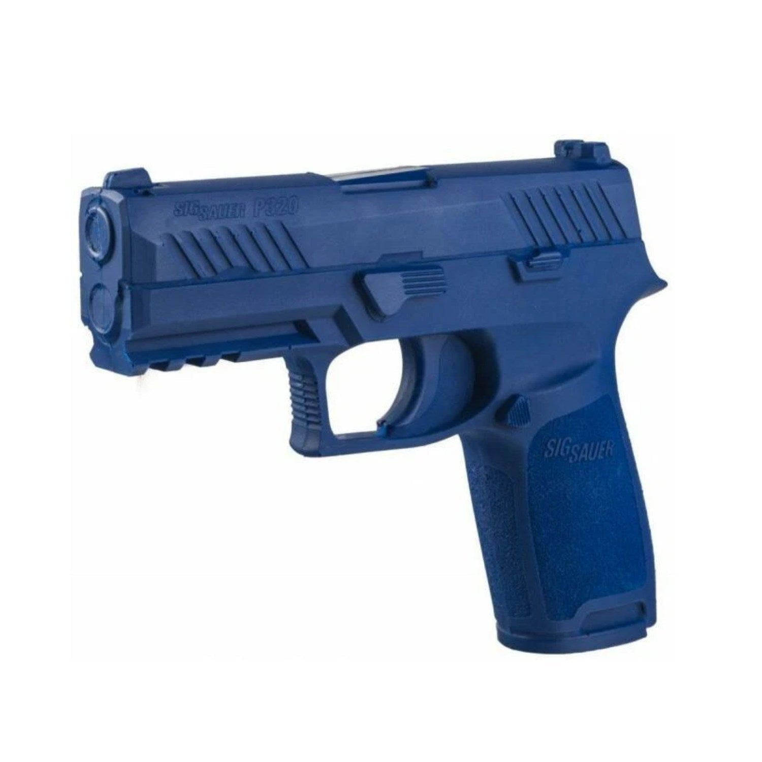 Blue plastic training gun on a white background
