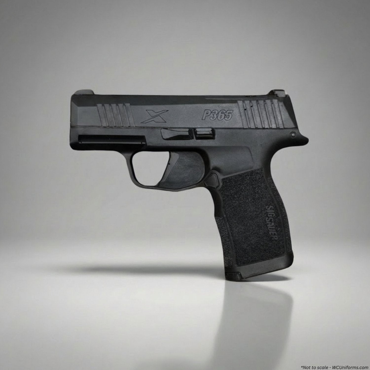 Black handgun with 'P365' branding on a gray background