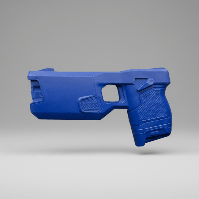 Blue Taser 7 training weapon on a gray background