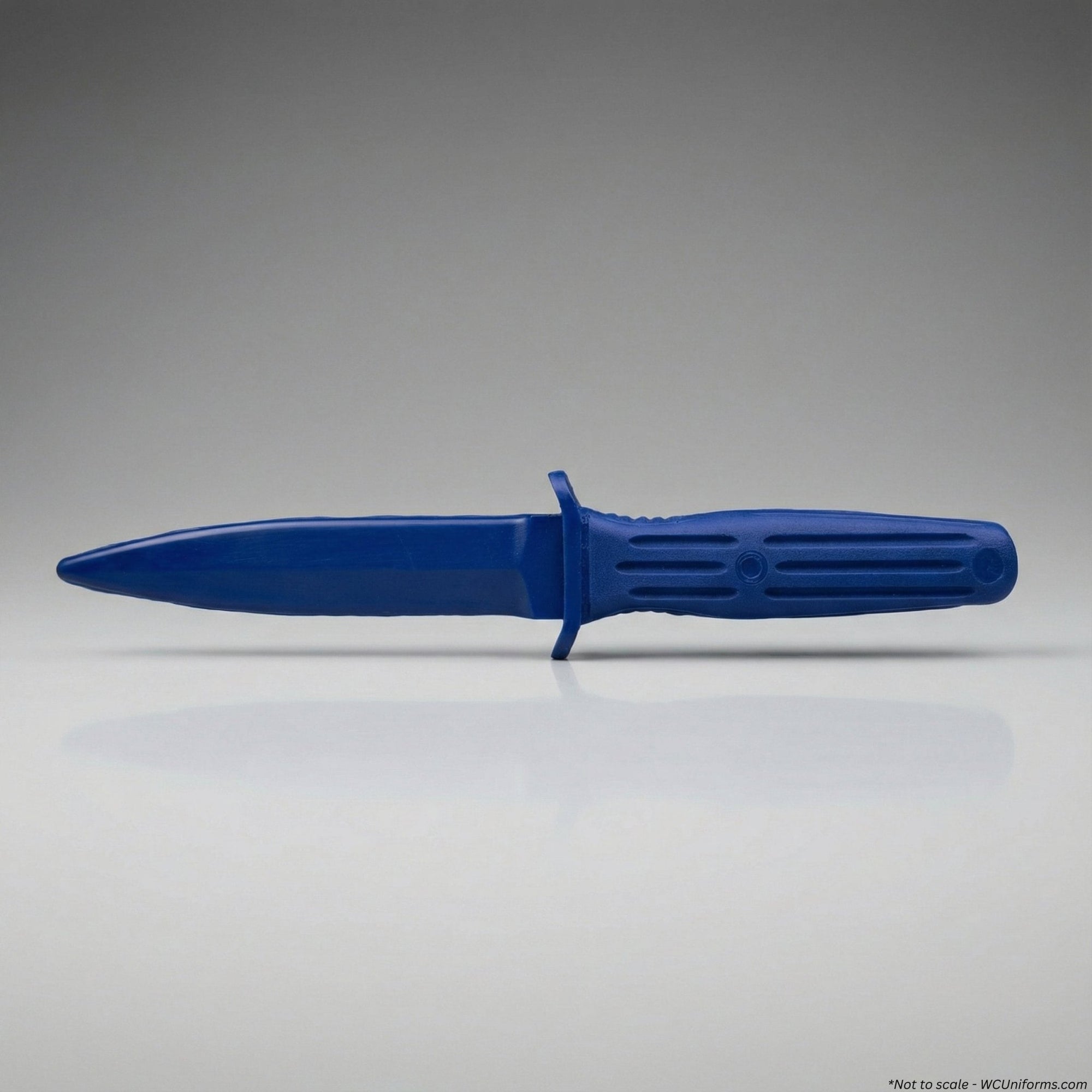 Blue training knife with a textured handle on a gray background