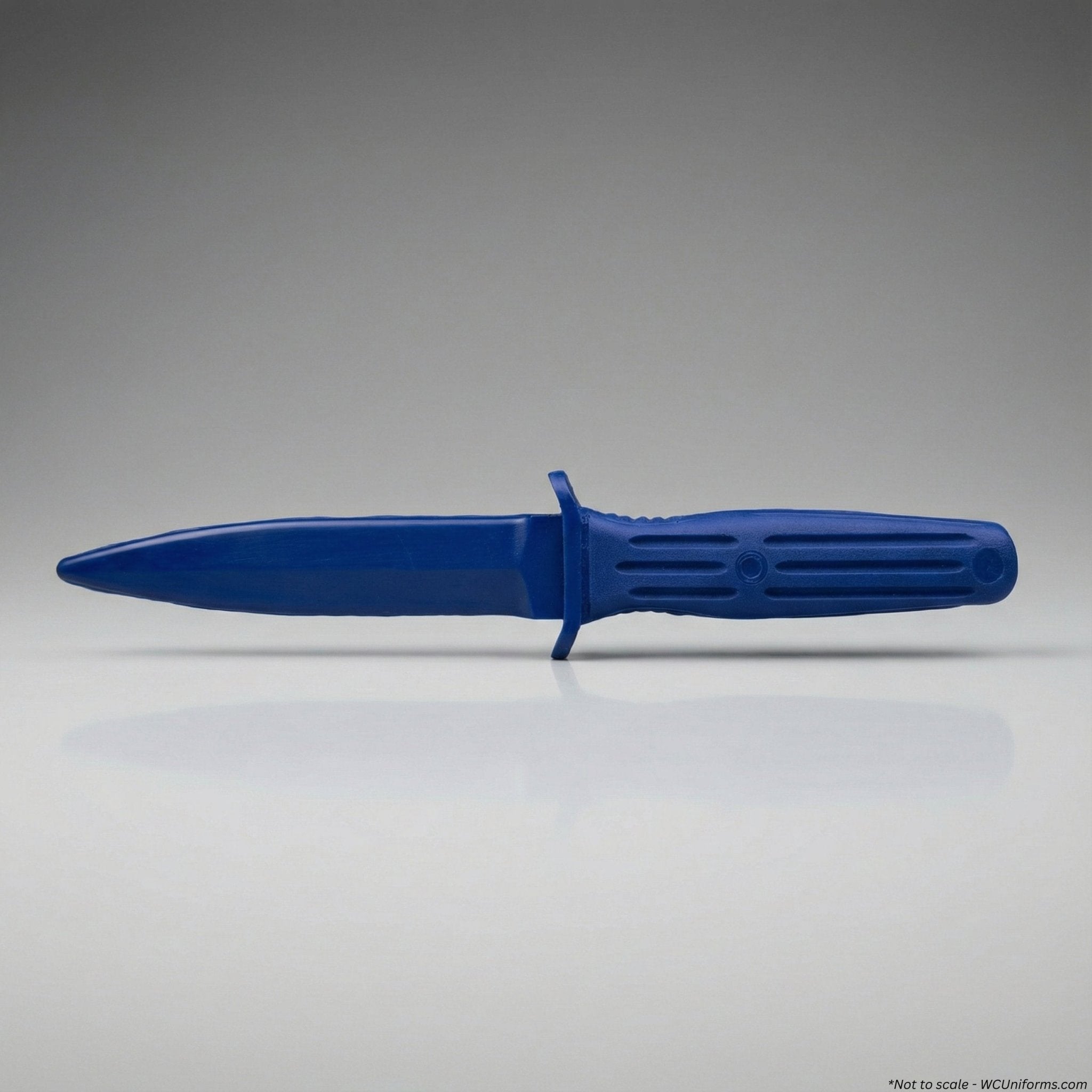Blue training knife with a textured handle on a gray background