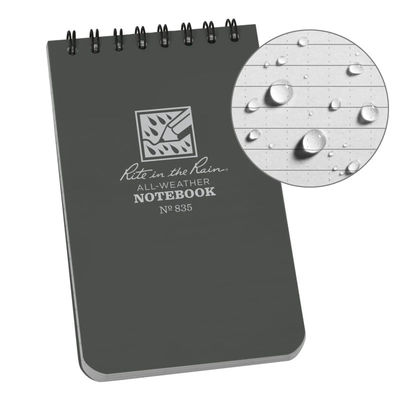 Gray notebook with 'Rite in the Rain' logo and water droplet illustration on a white background