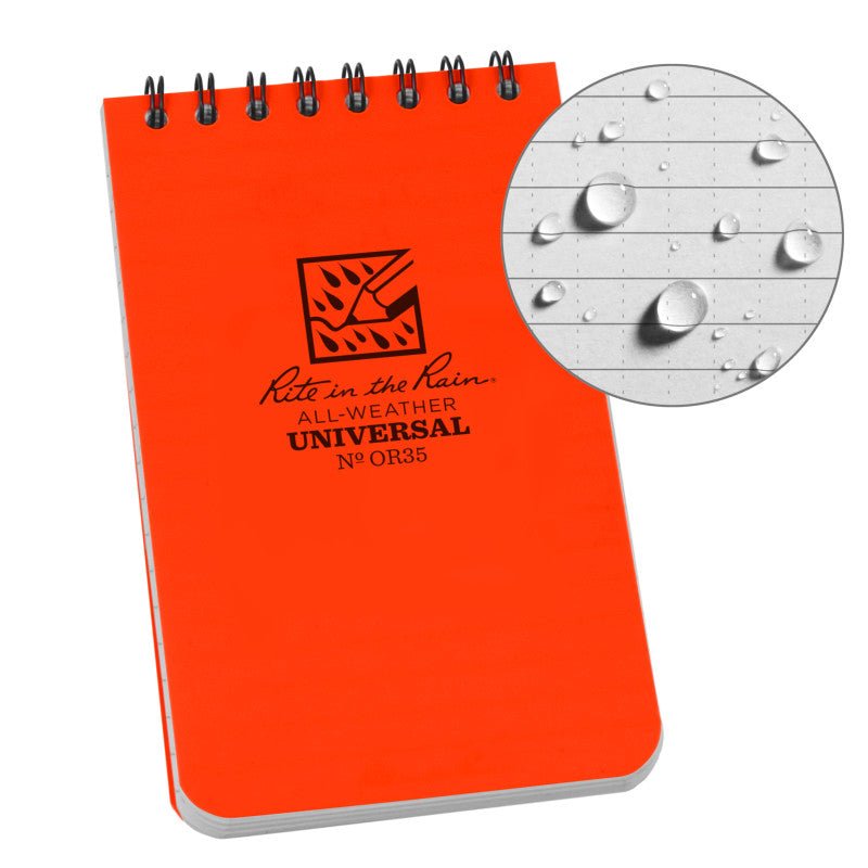 Orange notebook with 'Rite in the Rain' logo and water droplet graphic on a white background