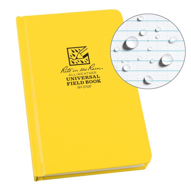 Rite in the Rain yellow all-weather field book with water-resistant cover and graph paper design, perfect for outdoor use.