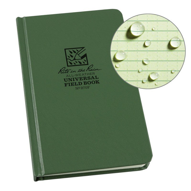 Rite in the Rain green universal bound book showcasing weather-resistant cover and water droplets on archival paper.