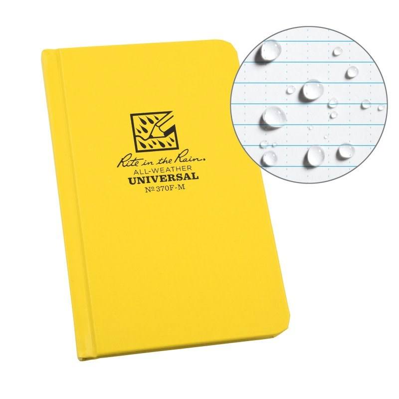 Yellow Rite in the Rain Universal Hard Cover Book with water-resistant pages for outdoor note-taking.