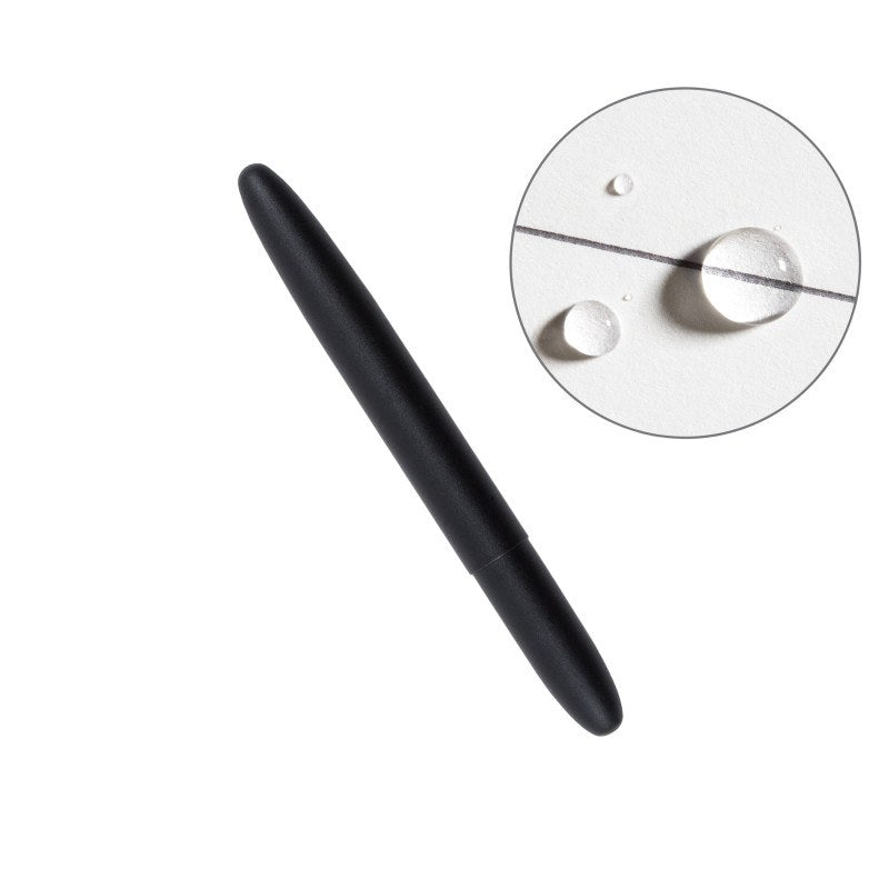 Rite in the Rain Metal Bullet Pen showcasing its waterproof performance with droplets on paper, ideal for any outdoor conditions.