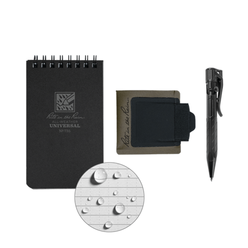 Rite in the Rain Monsoon Kit with notebook, pen holder, and pen, designed for all-weather writing.