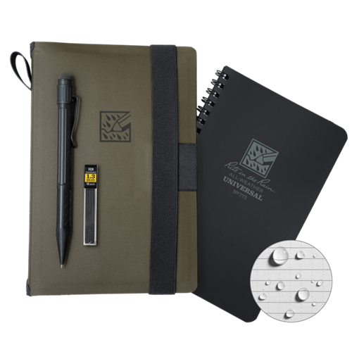 Rite in the Rain Monsoon Kit featuring a waterproof notebook, pen, and the Universal Notebook for outdoor tracking.