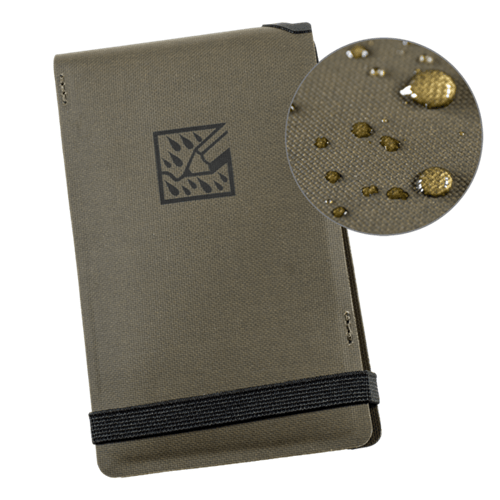 Rite in the Rain Monsoon Vertical 3x5 Wallet in olive green, showcasing water-resistant fabric with droplets. Ideal for outdoor use.