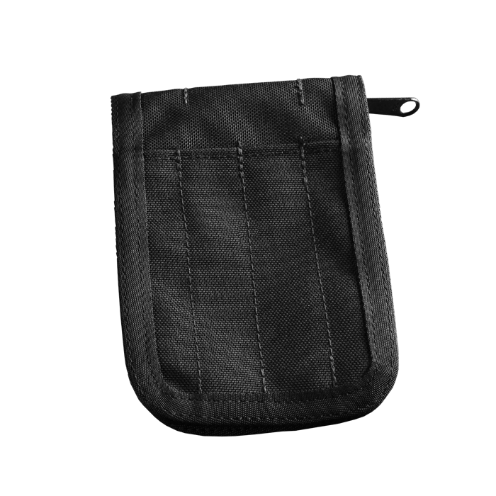 Black CORDURA fabric pocket notebook cover with zipper closure and slots for writing utensils. Durable and functional design.