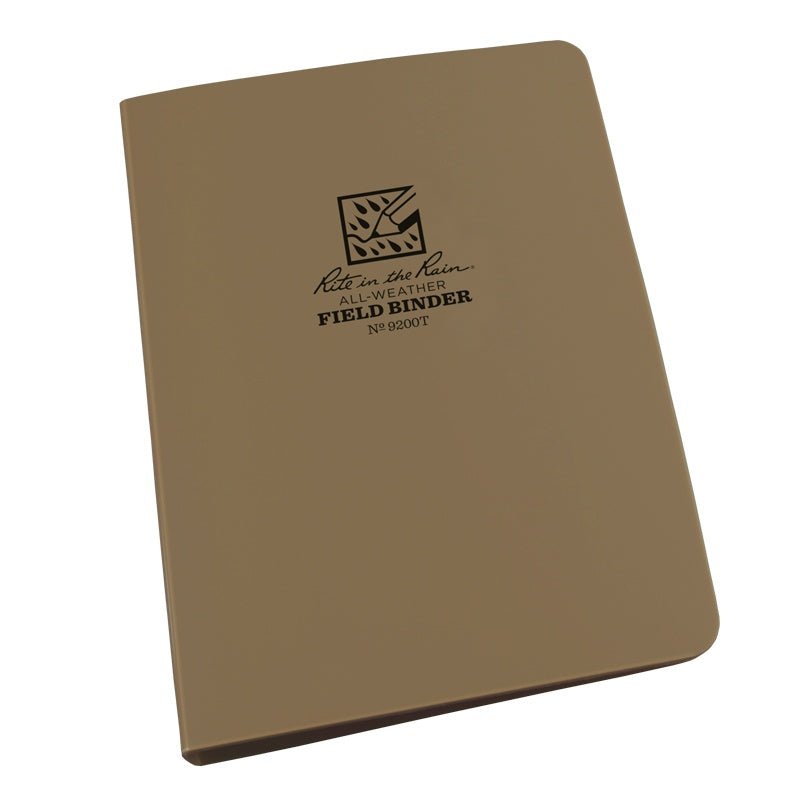 Rite in the Rain 0.5-inch tan ring binder, durable and weatherproof for organizing notes during adventures.
