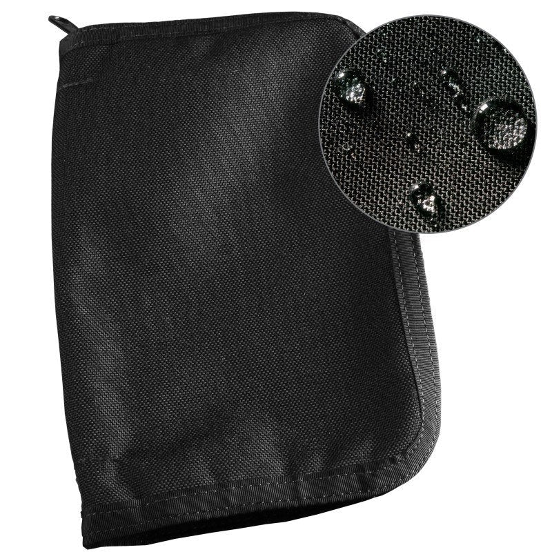 Rite in the Rain black side bound book cover with water droplets showcasing its waterproof material and durable design.