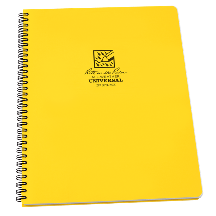 Rite in the Rain yellow side spiral notebook with Polydura cover and all-weather paper for durability and versatility.