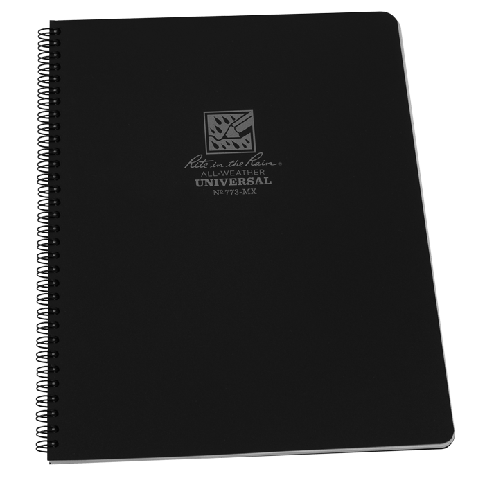 Rite in the Rain side spiral notebook with black Polydura cover and silver logo, 8.75 x 11 size.