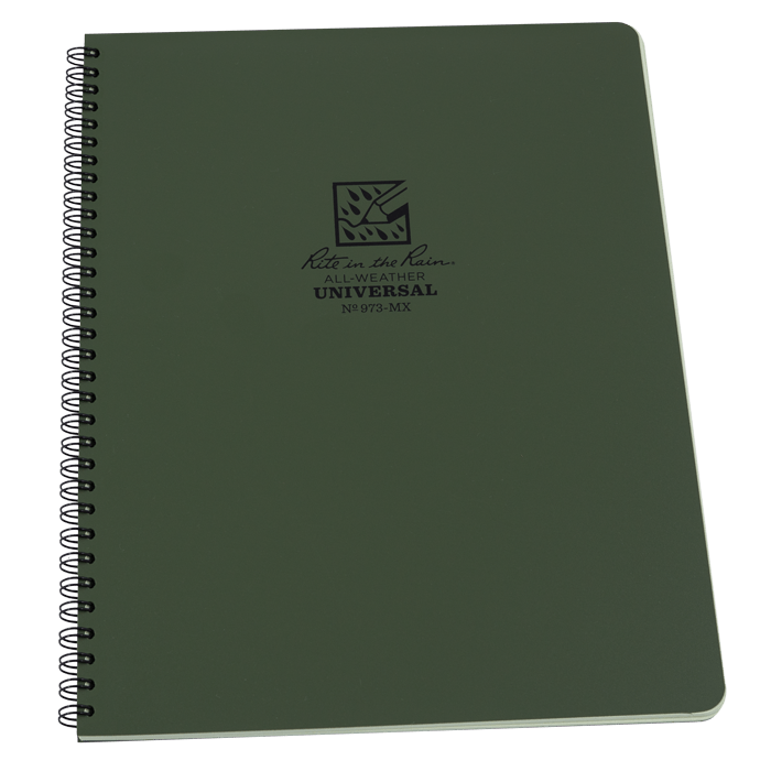 Rite in the Rain green side spiral notebook with Polydura cover and logo, 8.75 x 11 size, ideal for outdoor use.