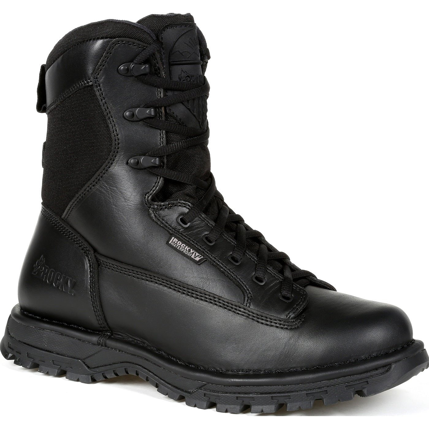 Rocky International Portland 8'' Black Side Zip Waterproof Public Service Boot featuring a durable design and heavy-duty YKK zipper.
