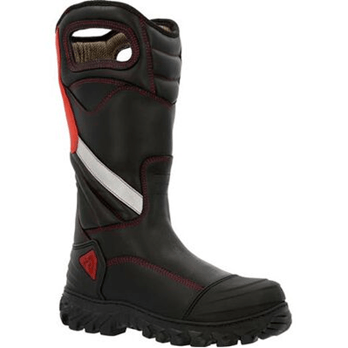 Rocky International Code Red Structure boot with red accents and reflective highlights, designed for firefighting safety and performance.