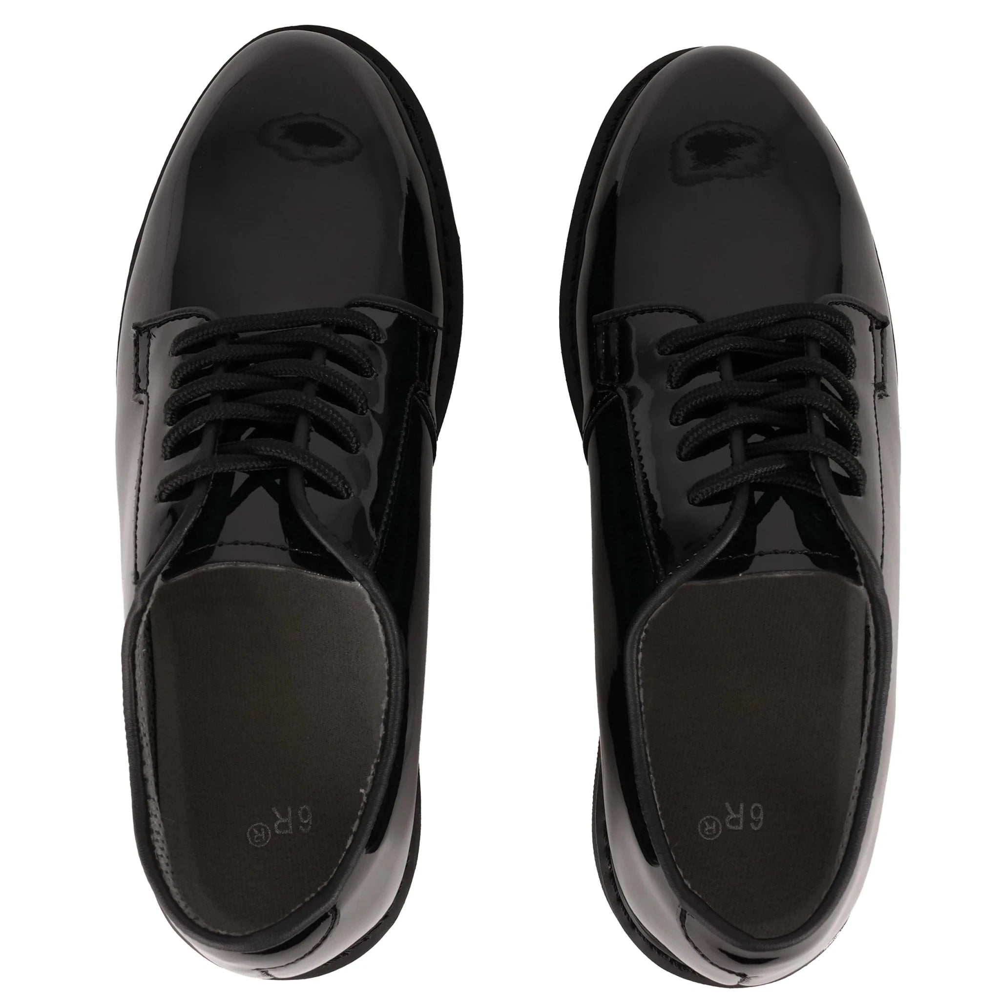 Overhead view of a pair of Rothco 5055 black hi-gloss Oxford dress shoes