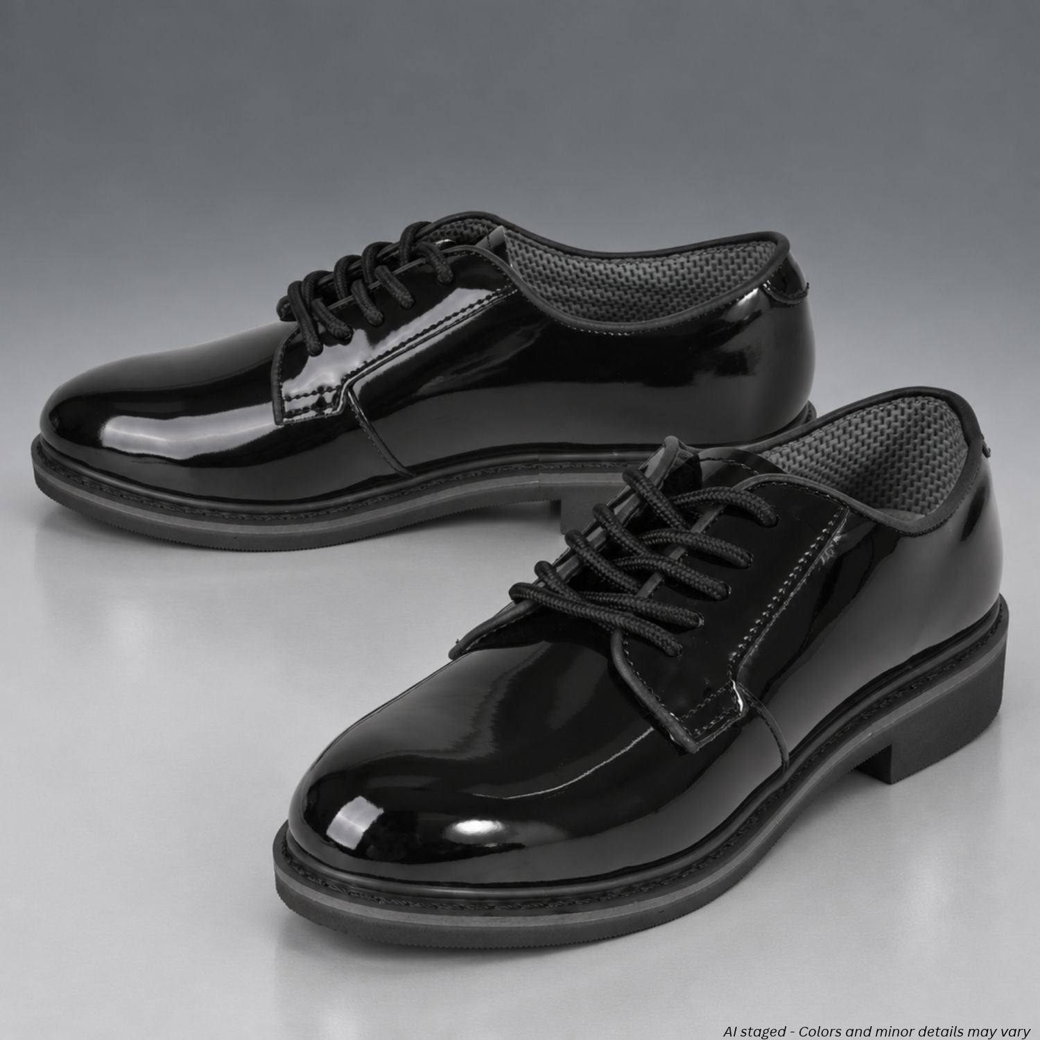 Pair of Rothco 5055 black hi-gloss Oxford dress shoes with lace-up fronts and mesh lining on a gray studio background