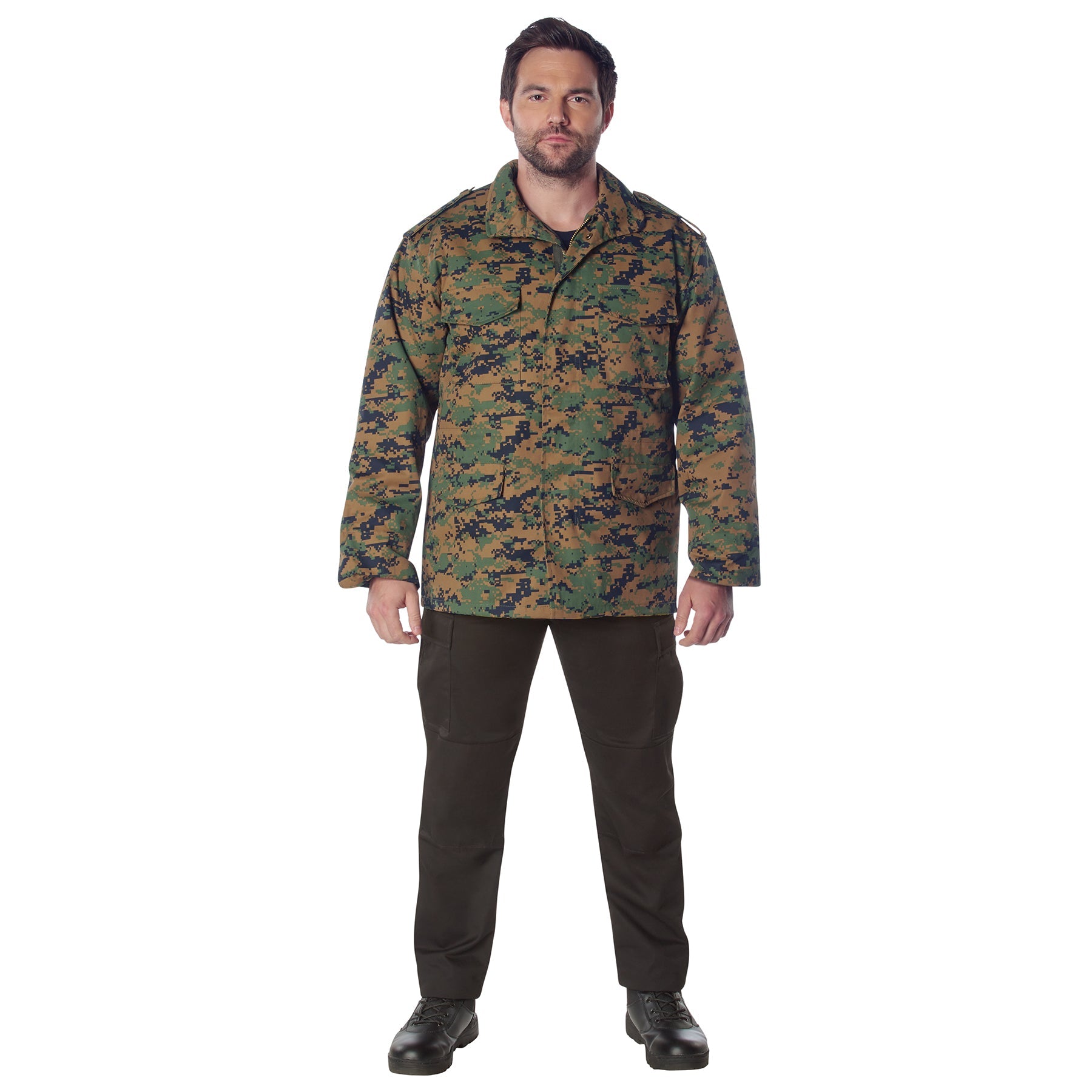 Rothco M-65 woodland digital camo field jacket, primary front view on model with hook and loop cuffs