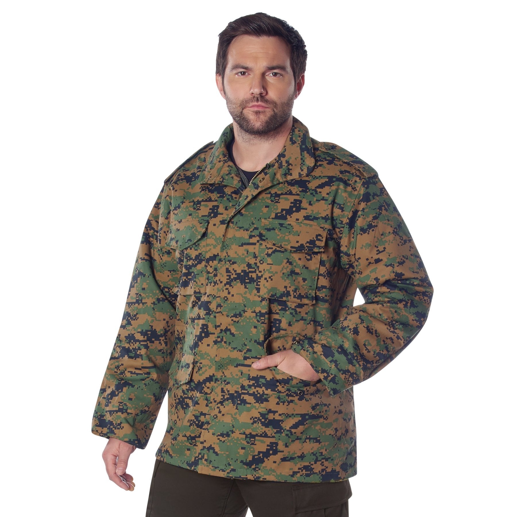 Rothco M-65 woodland digital camo field jacket, left side view on model with white background