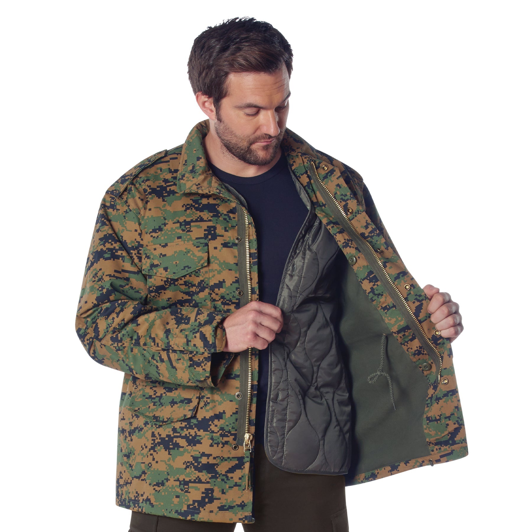Rothco M-65 woodland digital camo field jacket, back view on model showing collar and shoulder epaulets