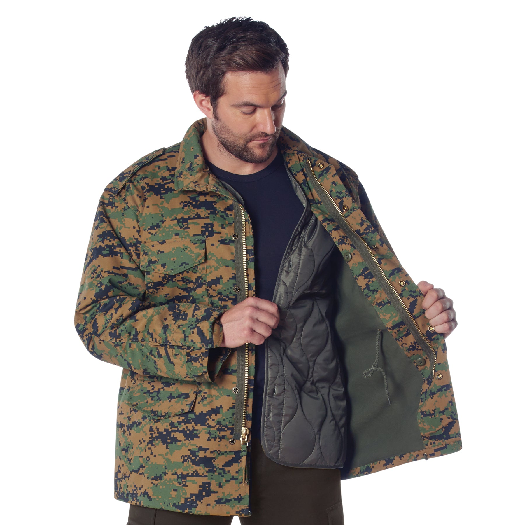 Rothco M-65 woodland digital camo field jacket, back view on model showing collar and shoulder epaulets