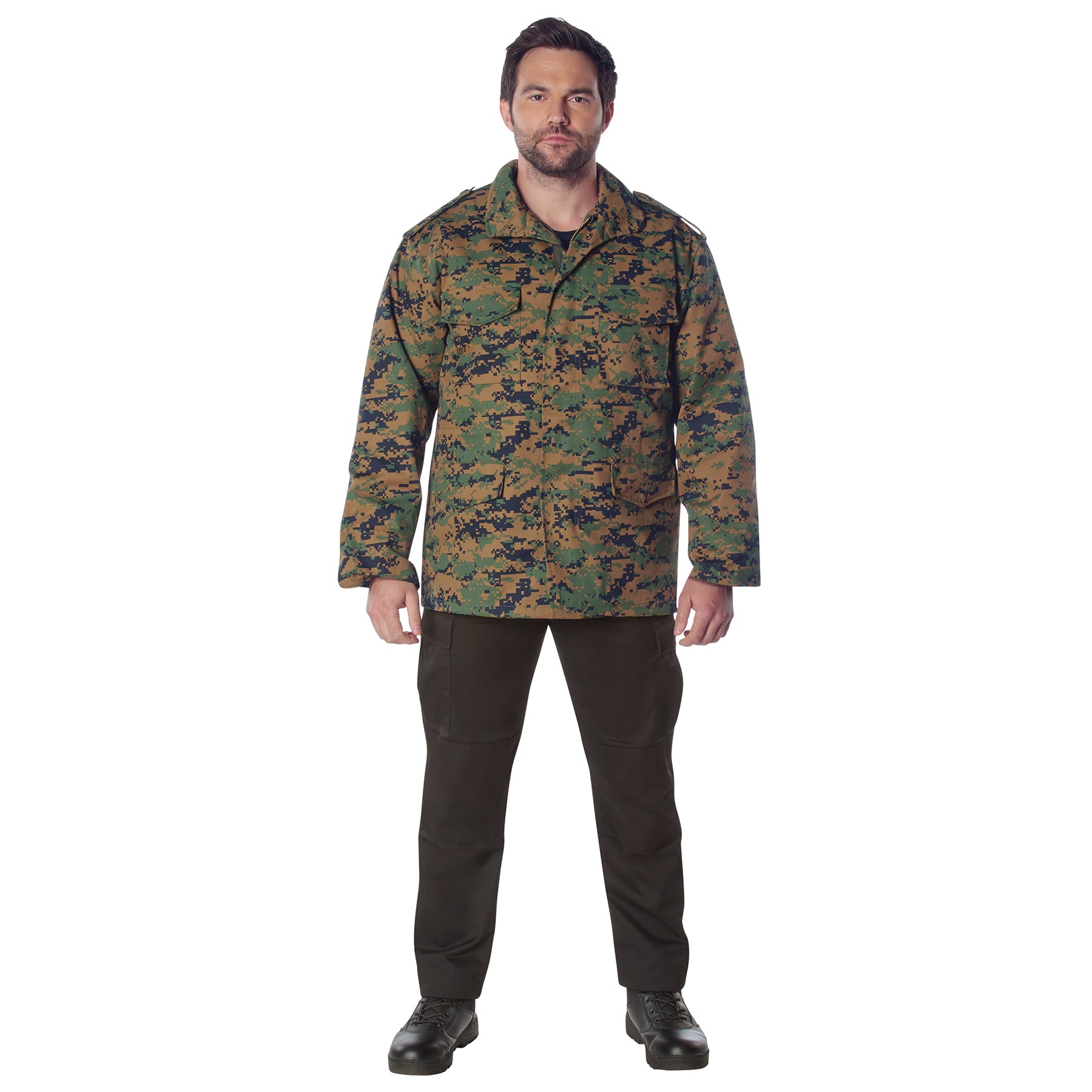 Rothco M-65 woodland digital camo field jacket, primary front view on model with hook and loop cuffs