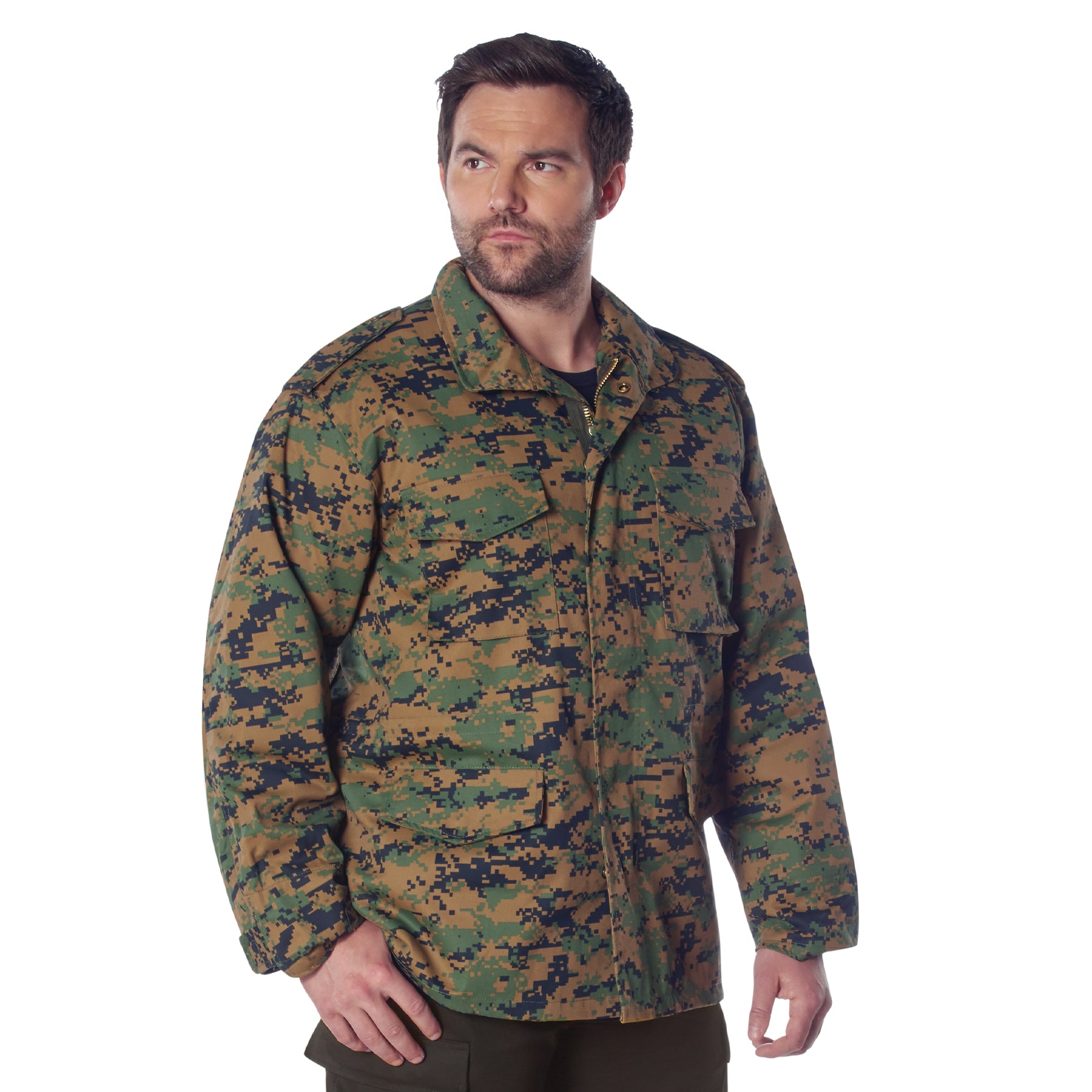 Rothco M-65 woodland digital camo field jacket, right side view on model with white background