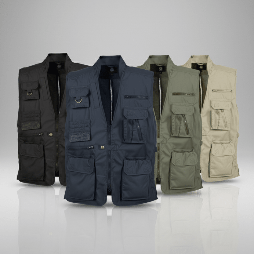 Four vests in black, navy, green, and beige on a gray background