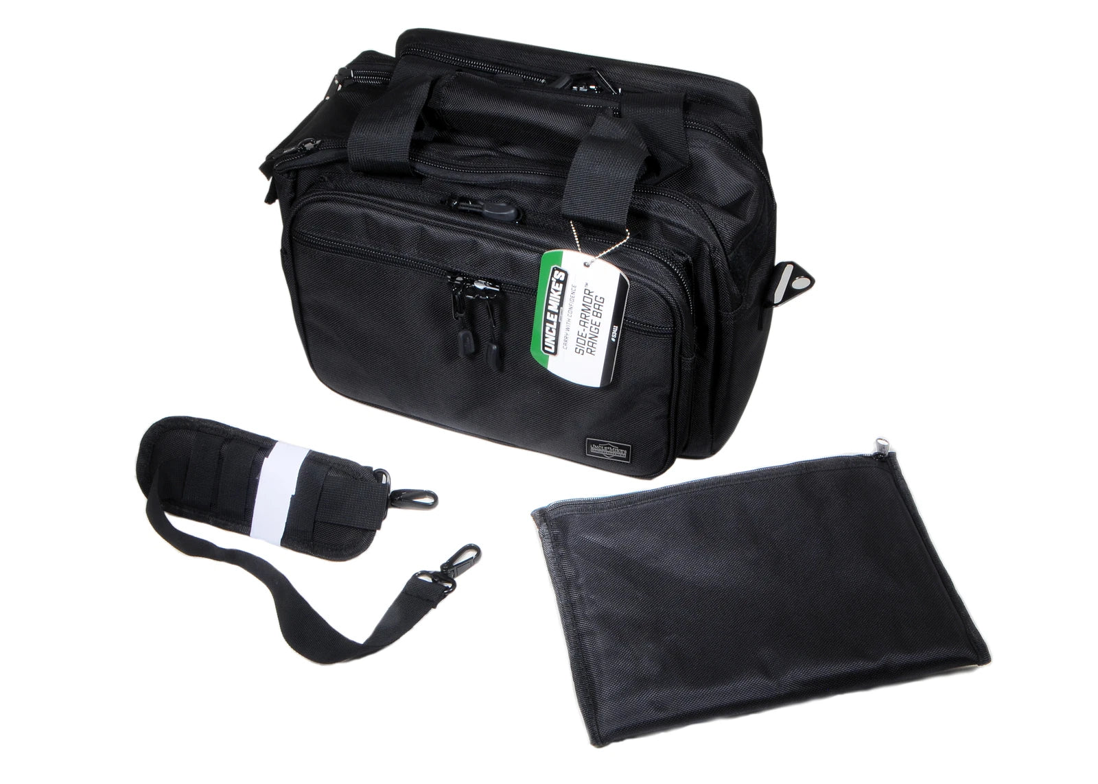Black bag with shoulder strap and pouch on a white background